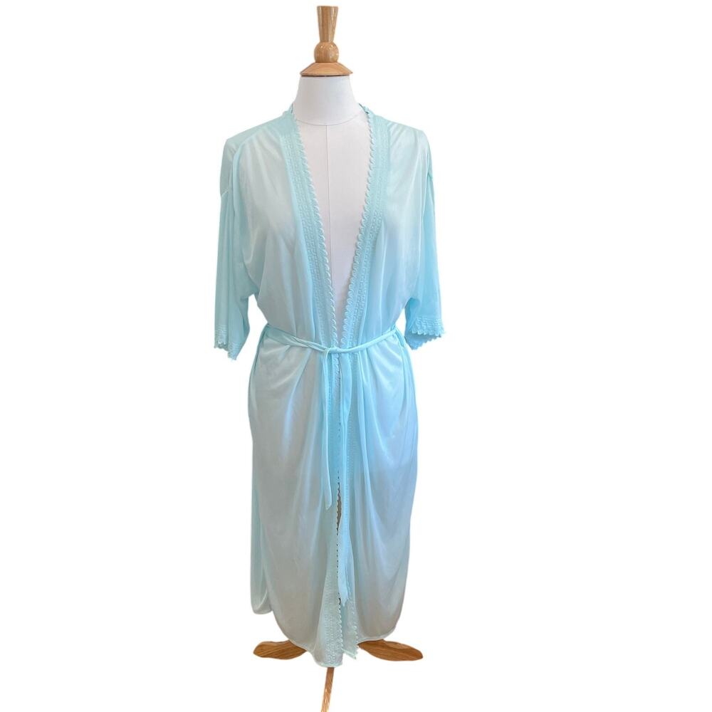 New Sindrella Baby Blue Satin Long Robe, Tie Belt, Sheer, Coquette, Size XL